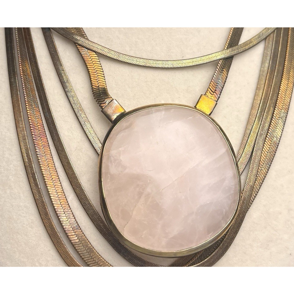 Lena Bernard Multi Strand Herringbone Necklace Rose Quartz Pendant Gold Tone VTG - Picture 9 of 12